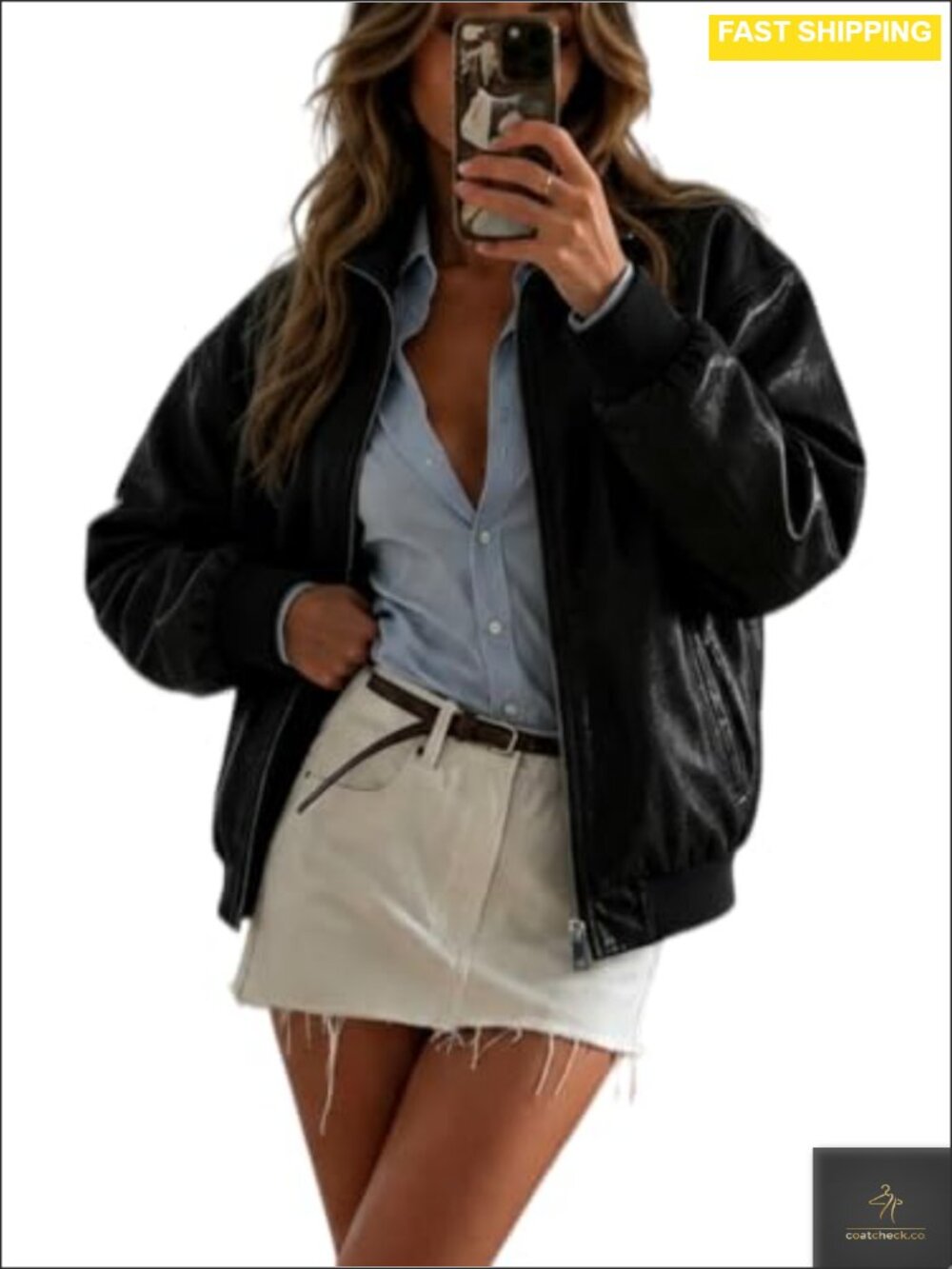 Women's Oversize Faux Leather Moto Biker Jacket Full Zip Casual Coat